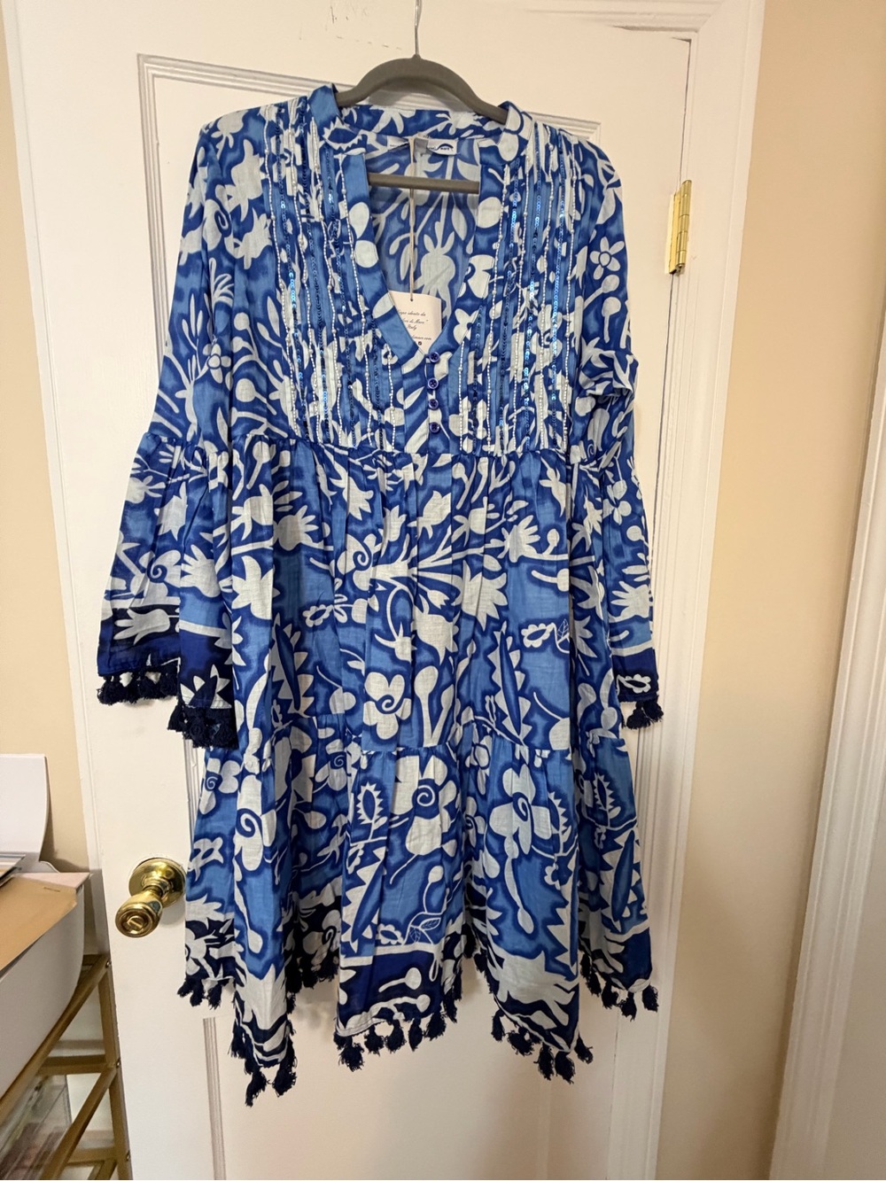 Blue Floral Tiered V-Neck Mini Dress with Tassel Trim